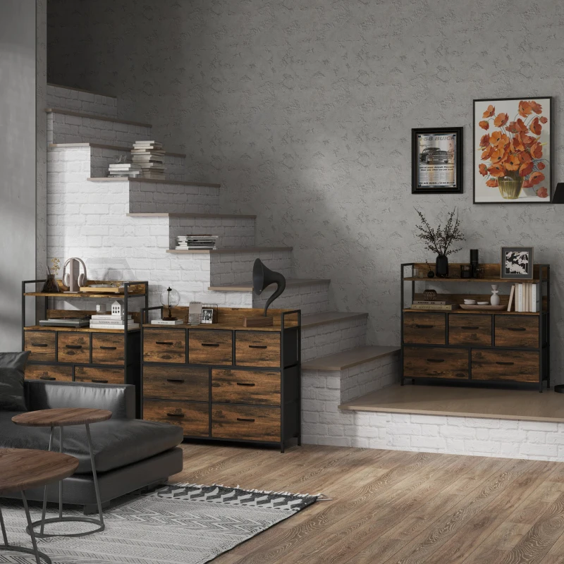 HOMCOM Ladenkast, Dressoir met 7 Stoffen Laden, Industrieel Ontwerp, Stalen Frame, 98x29x85cm, Bruin/Zwart