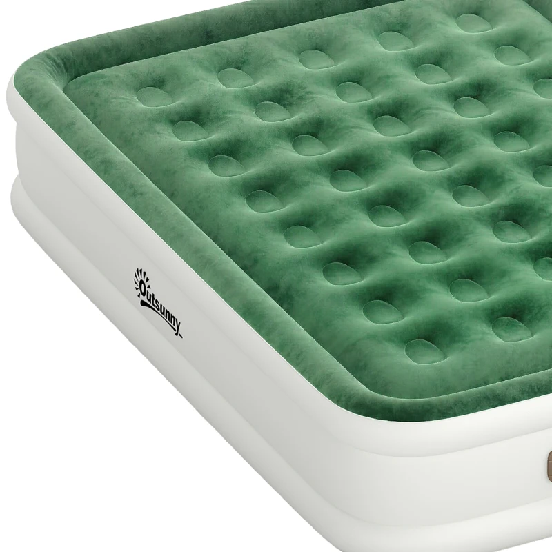 Outsunny Inflatable Mattress, Double Air Bed with Built-in Electric Pump, 3 Mins Inflation, Flocked Surface, Dark Green