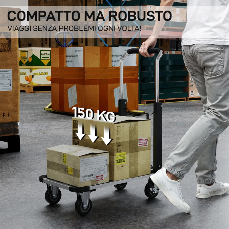 HOMCOM Carrello Portapacchi Pieghevole con Pedana Estensibile, Capacità 150 kg, Maniglia Regolabile, Argento