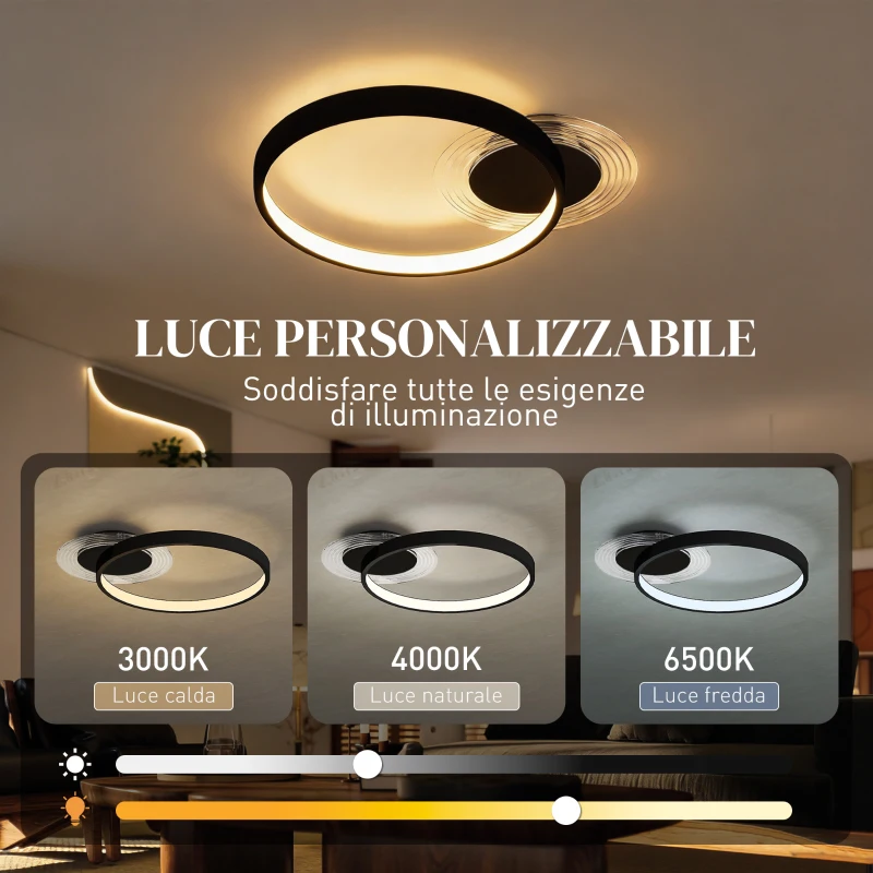 HOMCOM Plafoniera LED Moderna a 2 Anelli con Temperatura Colore Regolabile, Potenza 30W, Nero
