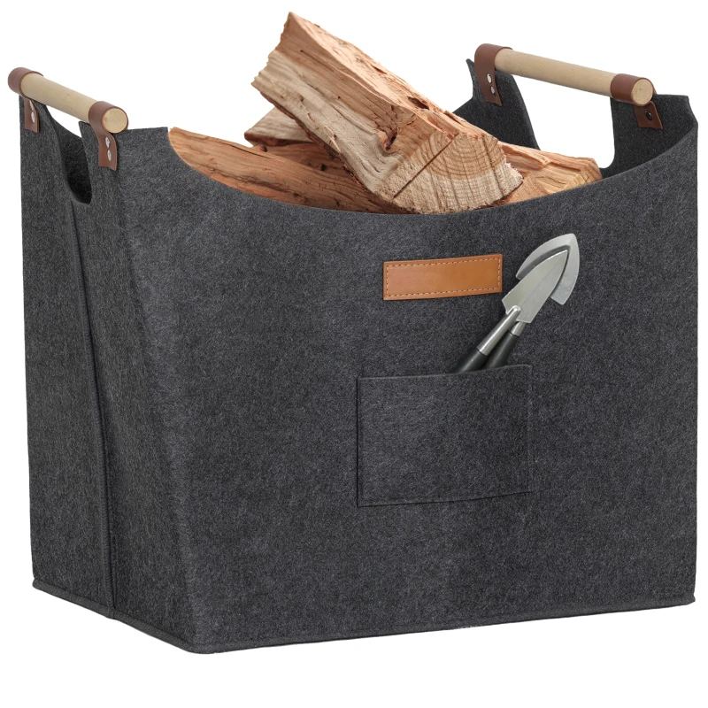 Outsunny Geantă din Fetru pentru Lemne de Foc cu Mânere din Lemn, Capacitate 15 kg, 45x32x40 cm, Gri