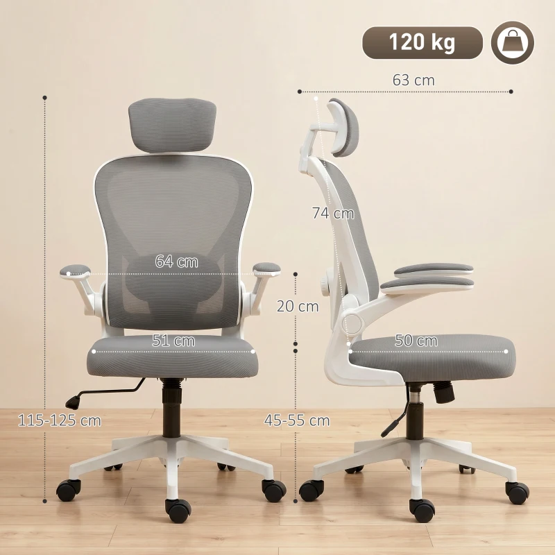 HOMCOM Silla de Escritorio de Malla Transpirable con Altura Ajustable Reposacabezas y Soporte Lumbar Ajustables Gris