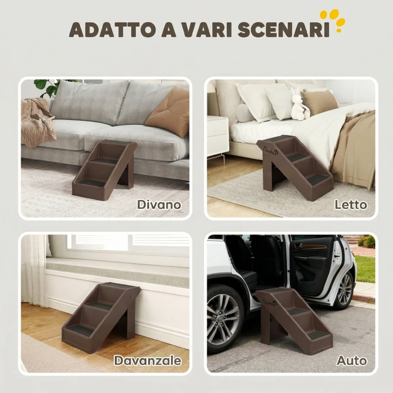 PawHut Scaletta per Cani e Gatti con 3 Scalini Antiscivolo per Letti Alti e Divani, 53x30.5x36.5 cm, Marrone