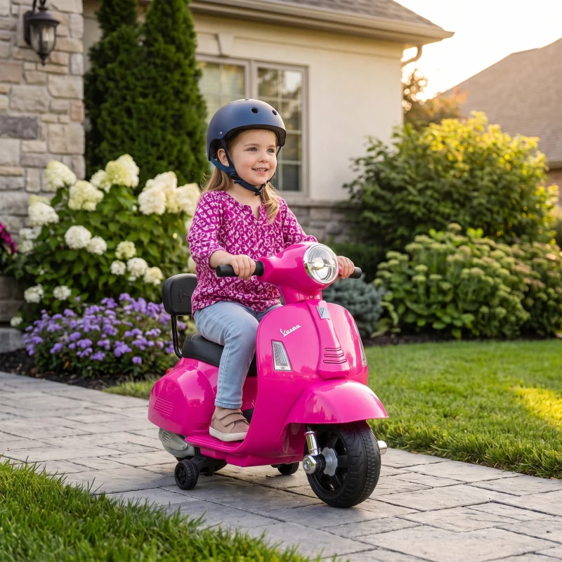 AIYAPLAY Mota Elétrica Infantil com Licença Mini Vespa GTS, 2 Rodas Auxiliares, Bateria de Lítio, Farol, Buzina, Encosto, Rosa
