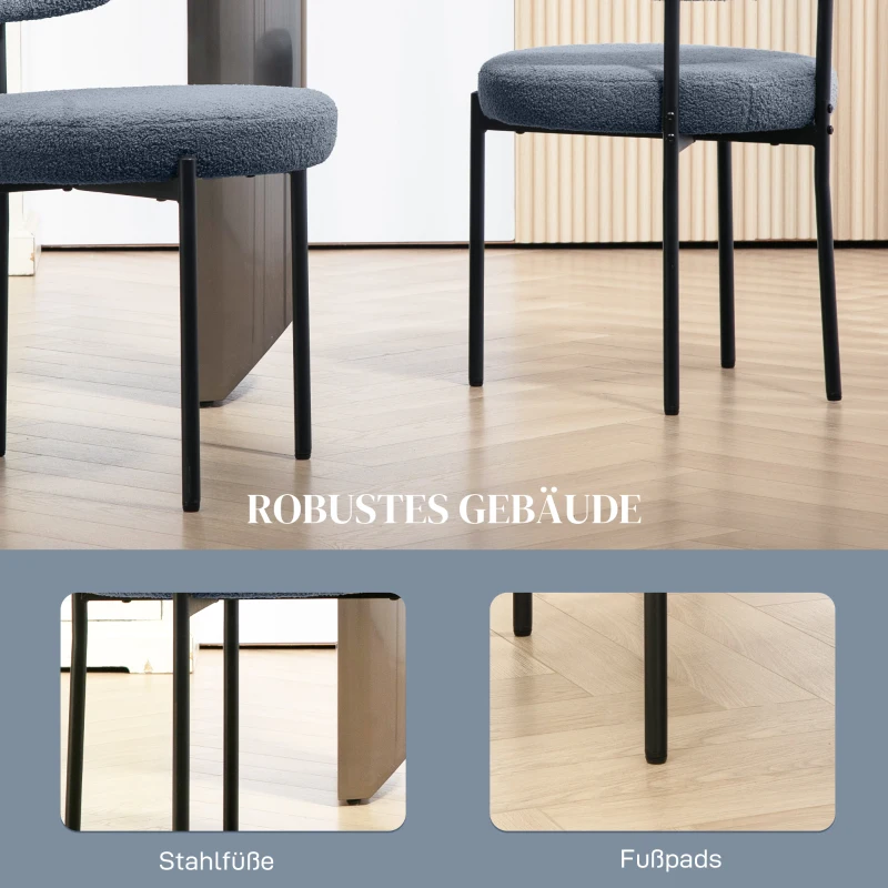 HOMCOM Set van 2 eetkamerstoelen, fleece-bekleding, stoelen met gestoffeerde zitting, metalen poten, grijs