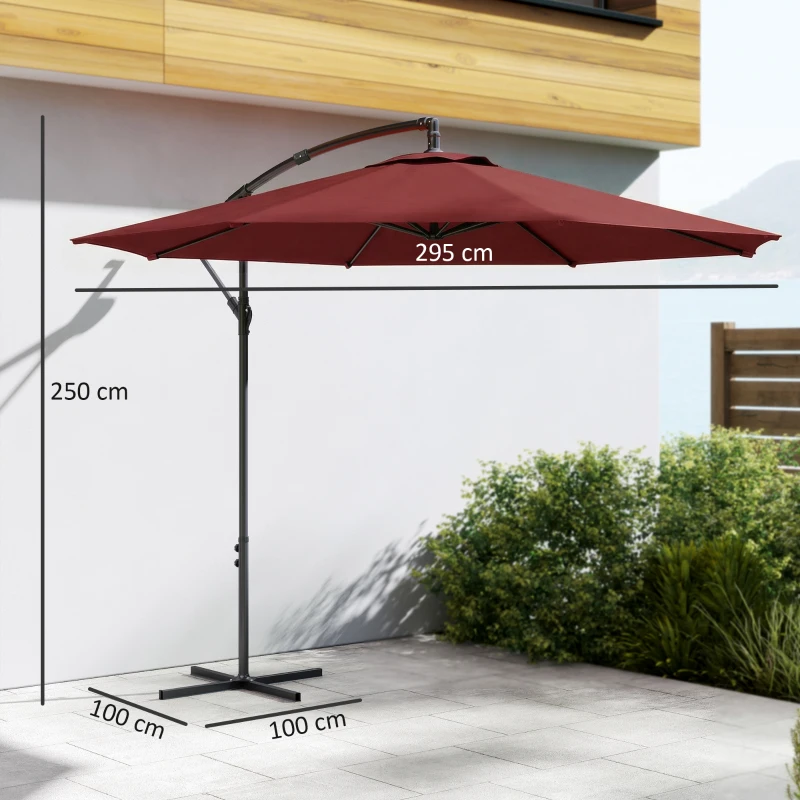 Outsunny 3 m Overhanging Cantilever Parasol, with Cross Base - Wine Red
