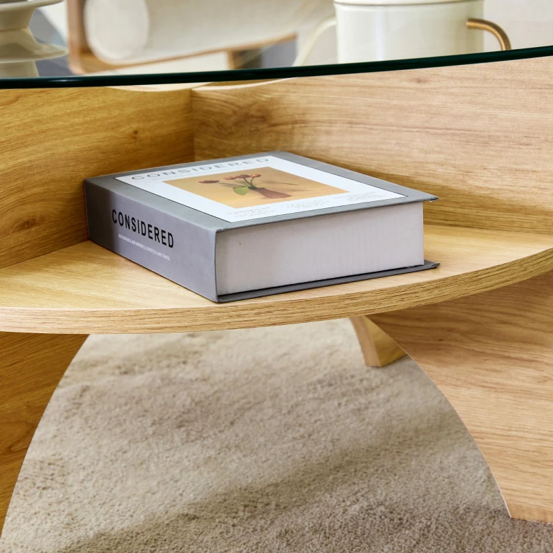 Table basse ronde en verre, design moderne, patins antidérapants, 80x80x36 cm, Couleur naturelle