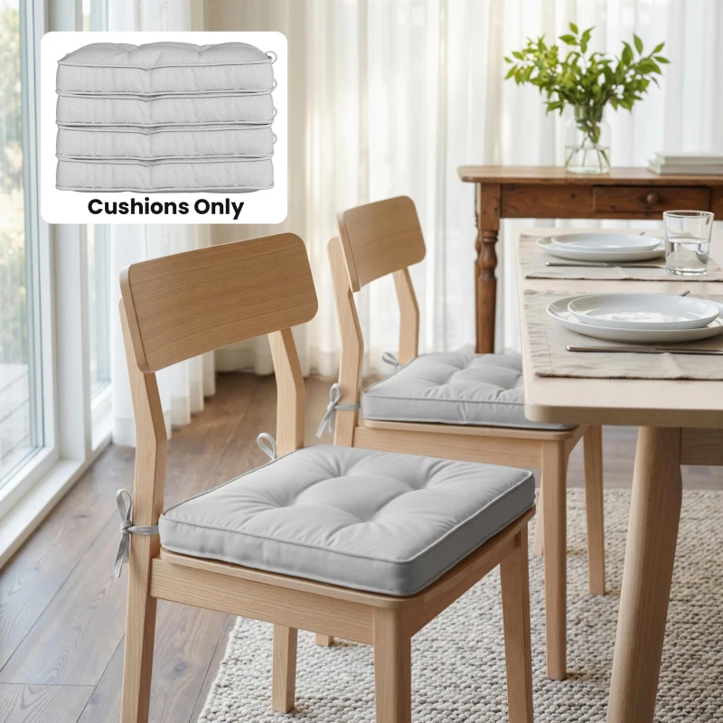 Outsunny Set of 4 Garden Seat Cushion with Ties, 42 x 42cm Replacement Dining Chair Seat Pad, Light Grey