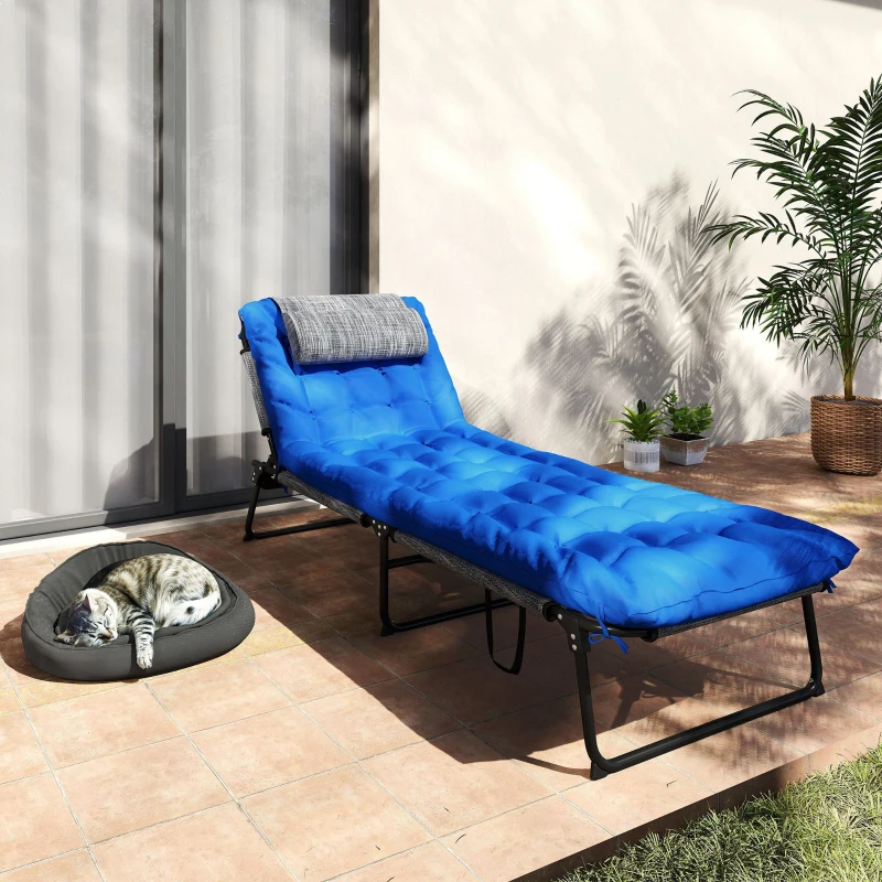 Outsunny Zonneligstoel met 4-Standen Verstelbare Rugleuning, Kussen, Zijvak, Hoofdsteun, 68 x 189 x 30 cm, Blauw