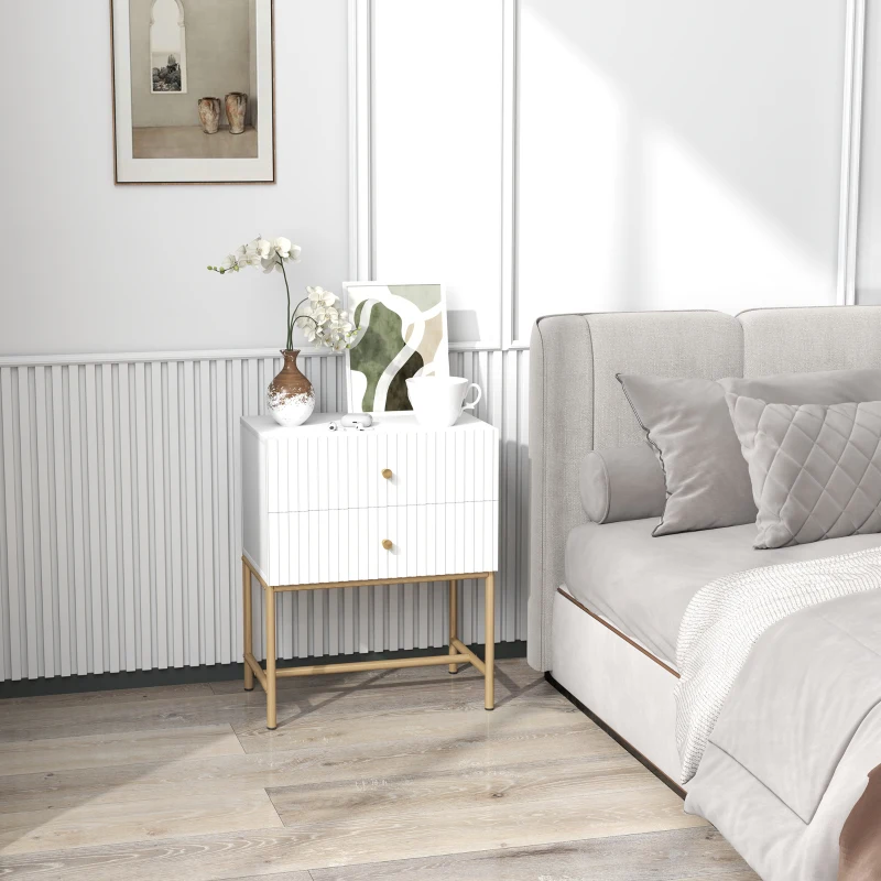 HOMCOM Elegant Two-Drawer Bedside Table - White
