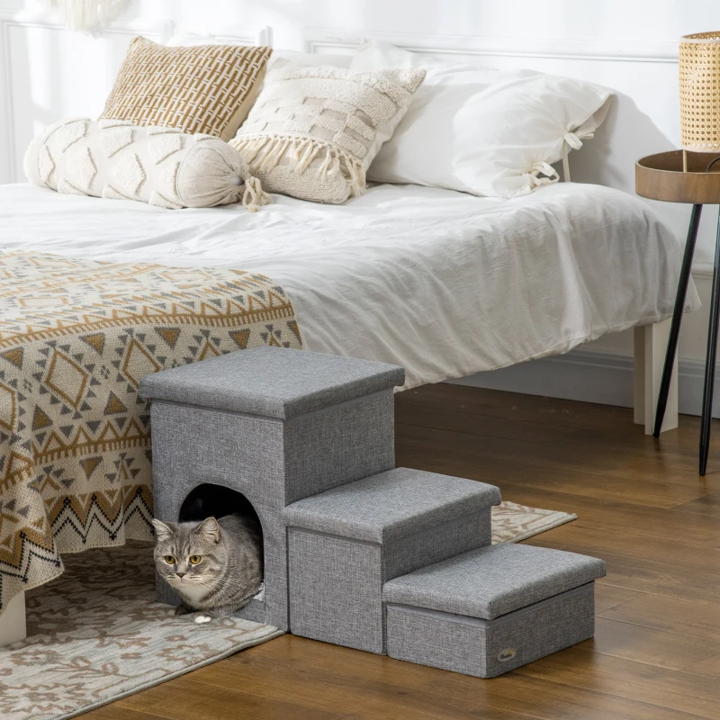 PawHut Scaletta per Cani e Gatti 10kg max a 3 Gradini con Casetta per Cani e Spazio Portaoggetti, 73.5x33x40.5 cm, Grigio