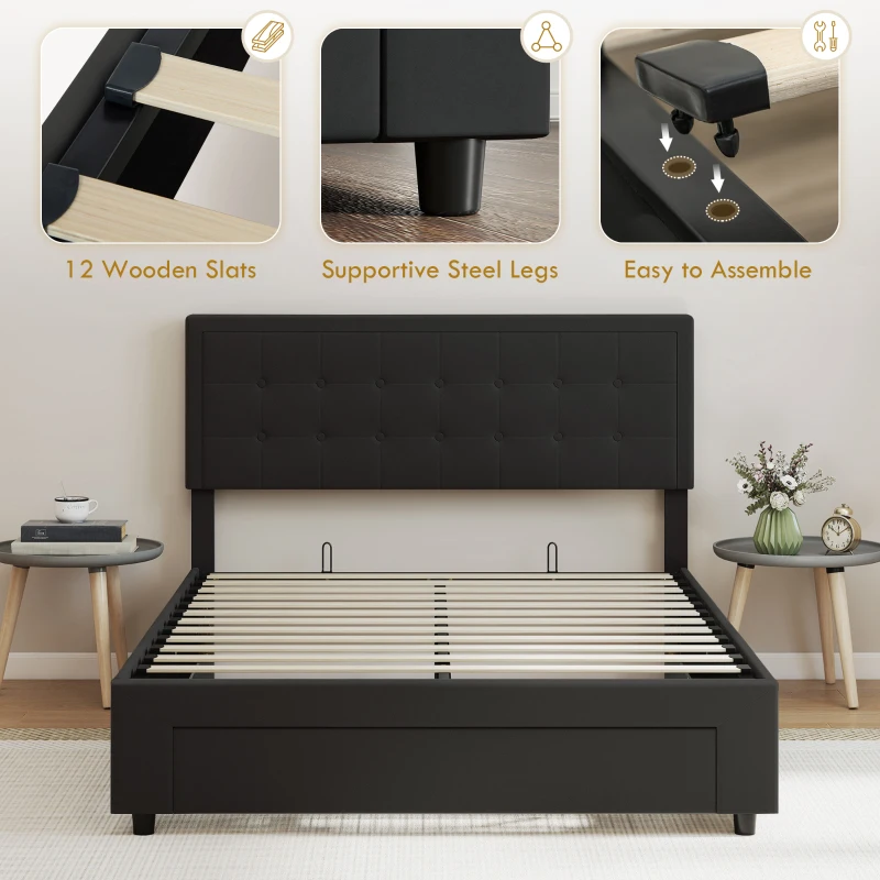 HOMCOM 4ft6 Double Ottoman Bed Frame, with Front Drawer - Black