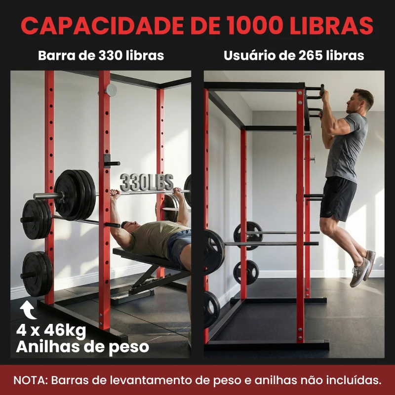 SPORTNOW Jaula de Potência Rack de Agachamentos com Barra de Elevações Estação de Paralelas Ajustável para Casa Ginásio Carga 460 kg