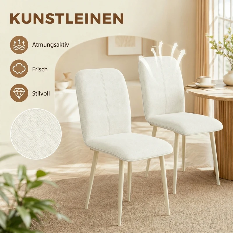 HOMCOM Eetkamerstoelen set van 2, gevoerde keukenstoelen in linnenlook met lichte poten, crème