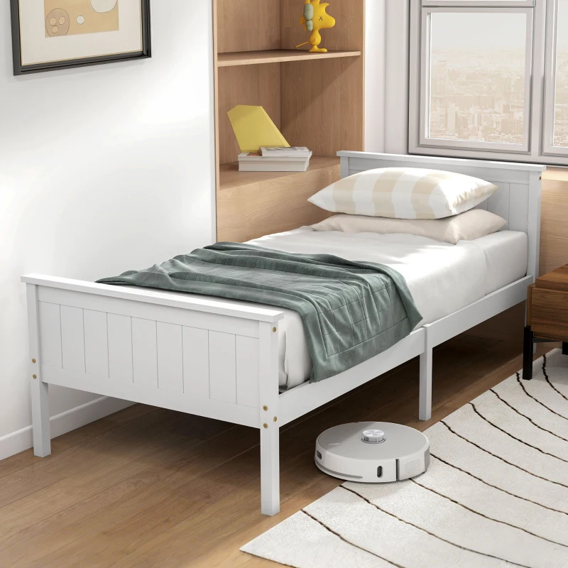 HOMCOM Cadre de lit 90 x 200 cm, lit simple en bois massif avec sommier à lattes tête et pied inclus, assemblage facile, blanc