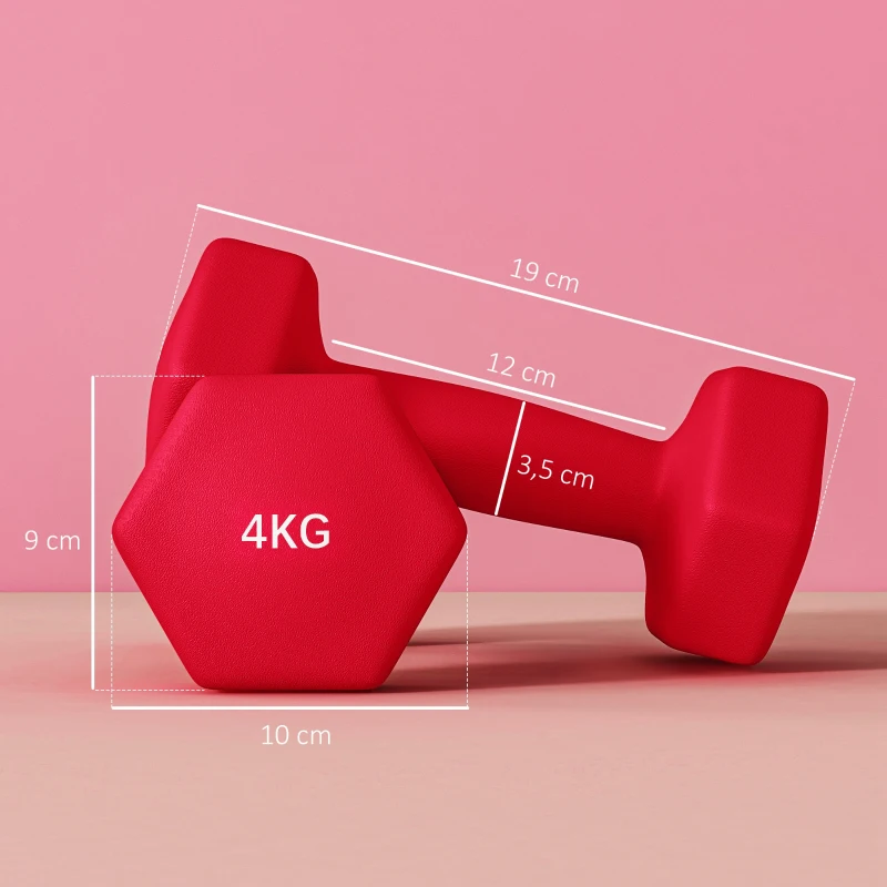 SPORTNOW Set 2 Manubri Esagonali da 2x4 kg in Metallo e Plastica con Impugnatura Antiscivolo, 19x9x9 cm, Rosso