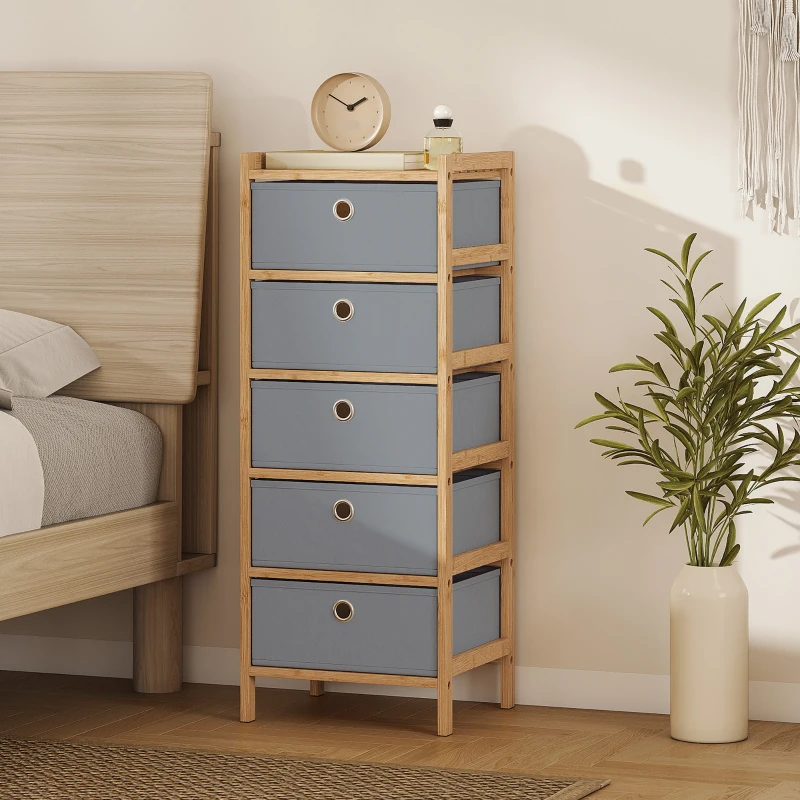 HOMCOM Chest of Drawers, 5 Fabric Drawers Narrow Dresser with Bamboo Frame, Light Grey