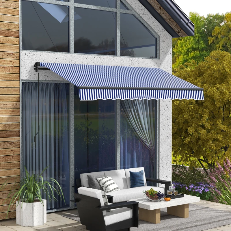 Outsunny Zonneluifel Luifel voor Terras, incl. Handkruk, weerbestendig, 247 cm x 295 cm, Blauw + Wit