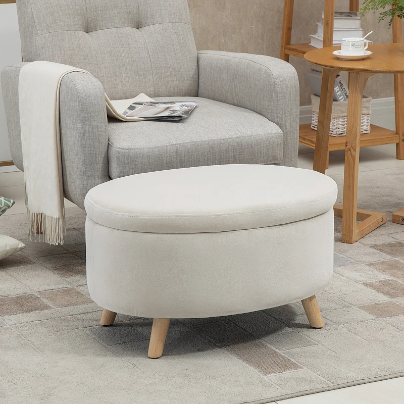 HOMCOM Opbergbank met fluweeloptiek, Ovale Vorm, Hocker, tot 80 kg, 71 x 51,5 x 42 cm, Beige