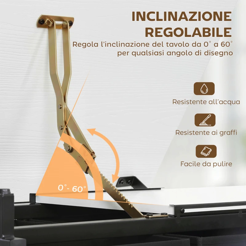 HOMCOM Tavolo da Disegno Tecnico Regolabile con Spazio Contenitore e Sgabello, in Metallo, 120x60x68-92 cm Bianco