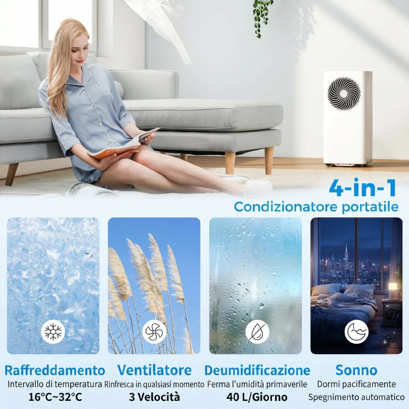 HOMCOM Condizionatore Portatile 9000BTU, 2.6kW 4 in 1, Classe A, Telecomando, Display LED, Timer 24H, per 33 m², Bianco