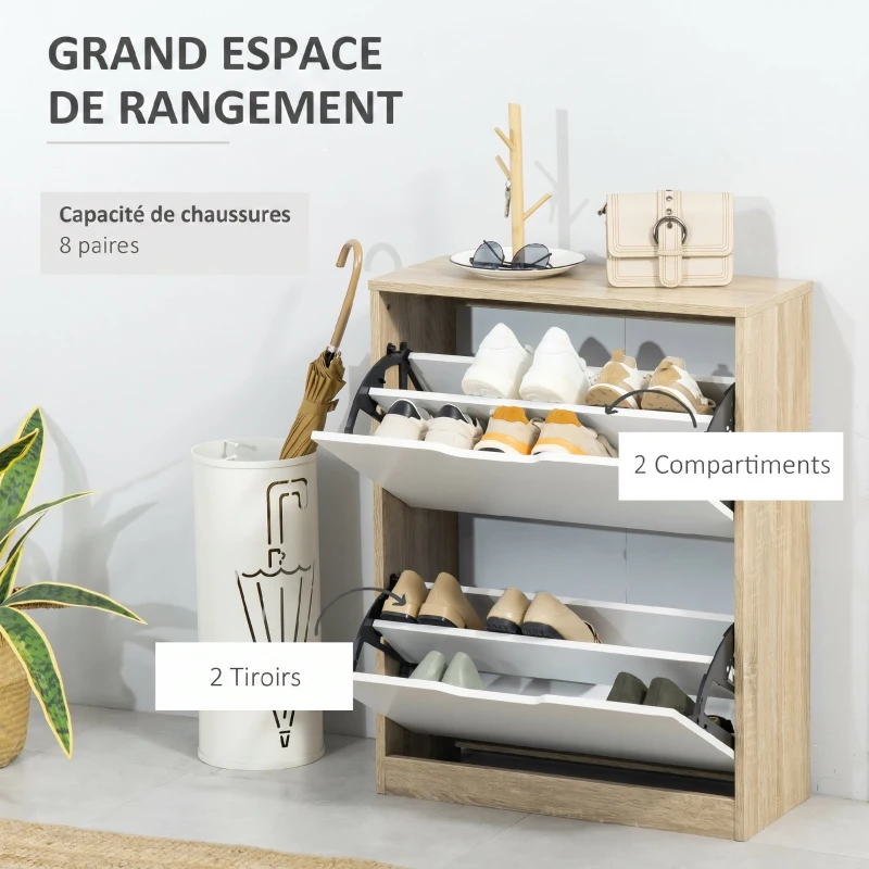 HOMCOM Meuble à chaussures 8 paires, armoire à chaussures étroite, 2 tiroirs rabattables, chêne et blanc