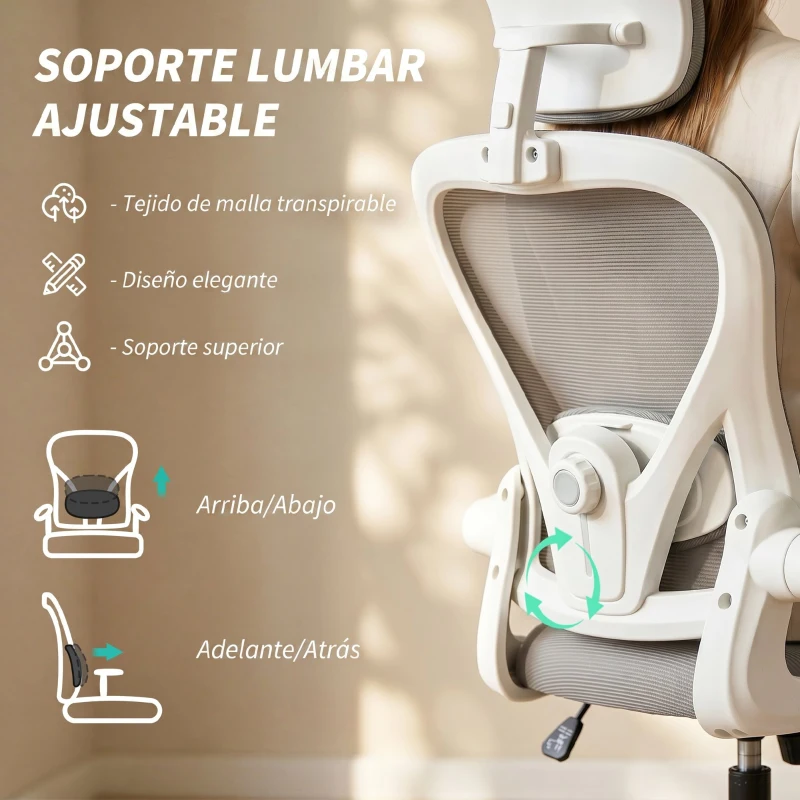HOMCOM Silla de Escritorio de Malla Transpirable con Altura Ajustable Reposacabezas y Soporte Lumbar Ajustables Gris