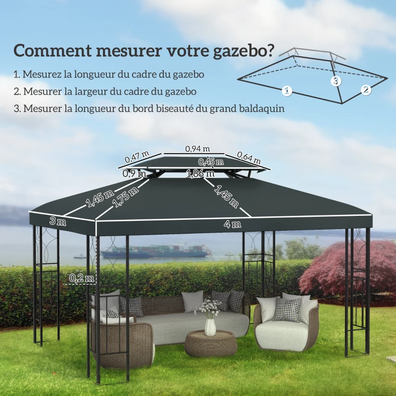 Outsunny Toile de rechange pour pavillon tonnelle tente 3 x 4 m polyester haute densité 180 g/m² gris