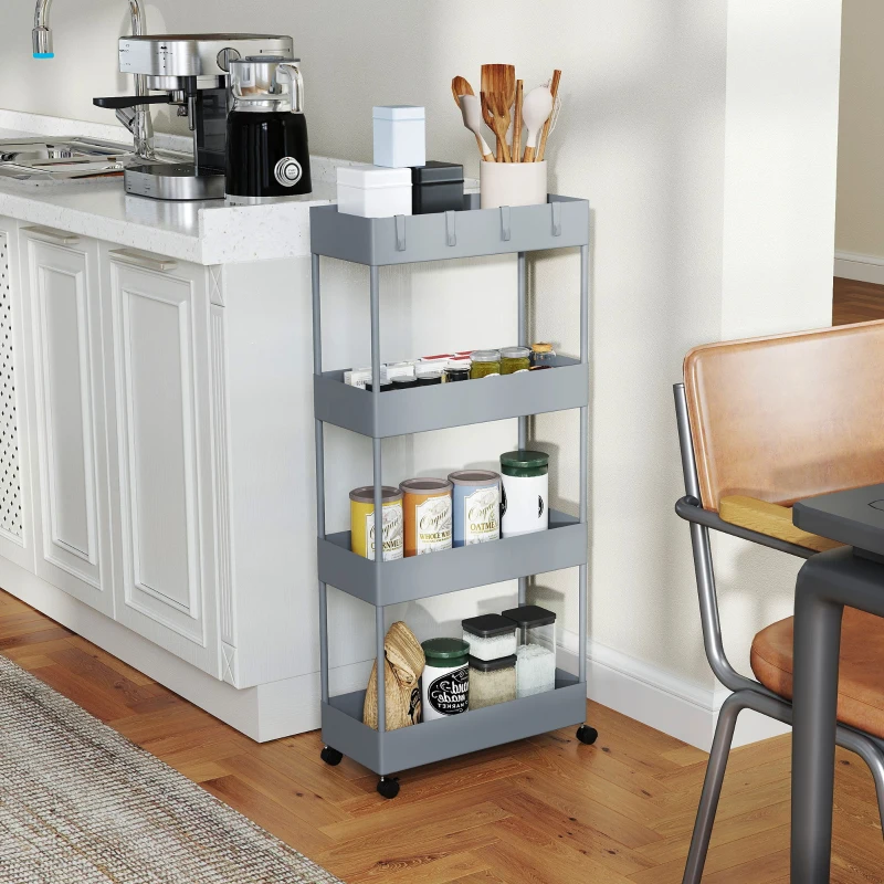 HOMCOM Keukenwagen met 4 Schappen, 4 Flexibele Haken, 4 Wielen, 40 cm x 19 cm x 90 cm, Niswagen, Grijs