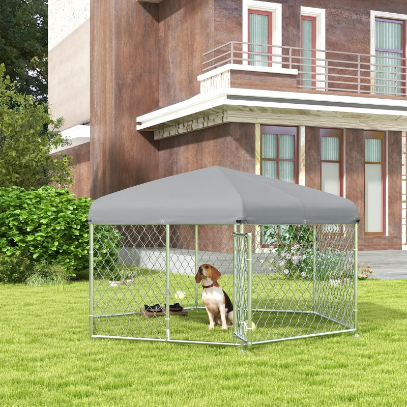 PawHut Recinto per Cani Taglia Grande con Tetto in Tessuto Oxford Anti UV, 2.1x1.85x1.5m, Argento e Grigio