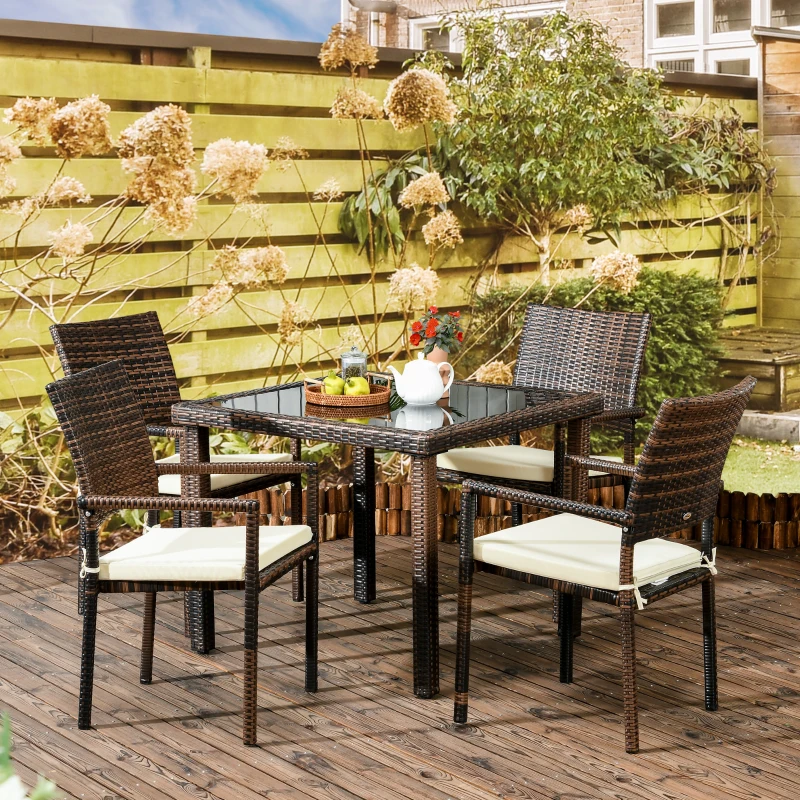 Outsunny Conjunto de Muebles de Ratán Sintético de Jardín Mesa con Encimera de Cristal y 4 Sillas para Exterior Marrón