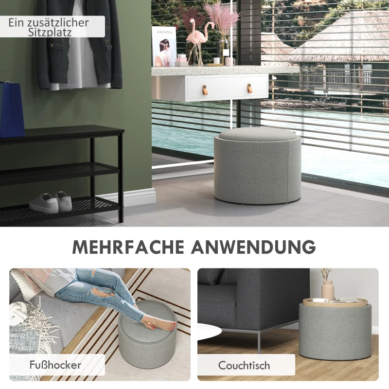 HOMCOM Ronde Opbergpoef met bekleding, linnen, verborgen opbergruimte, omkeerbare deksel, 56 cm x 56 cm x 42 cm, Grijs + Natuurlijk