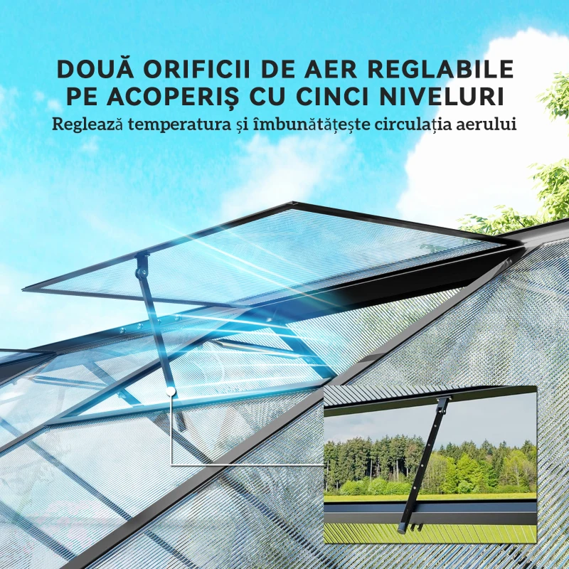 Outsunny Seră pentru grădină din policarbonat și aluminiu cu ușă batantă și 2 ferestre reglabile, 304x247x205 cm, negru