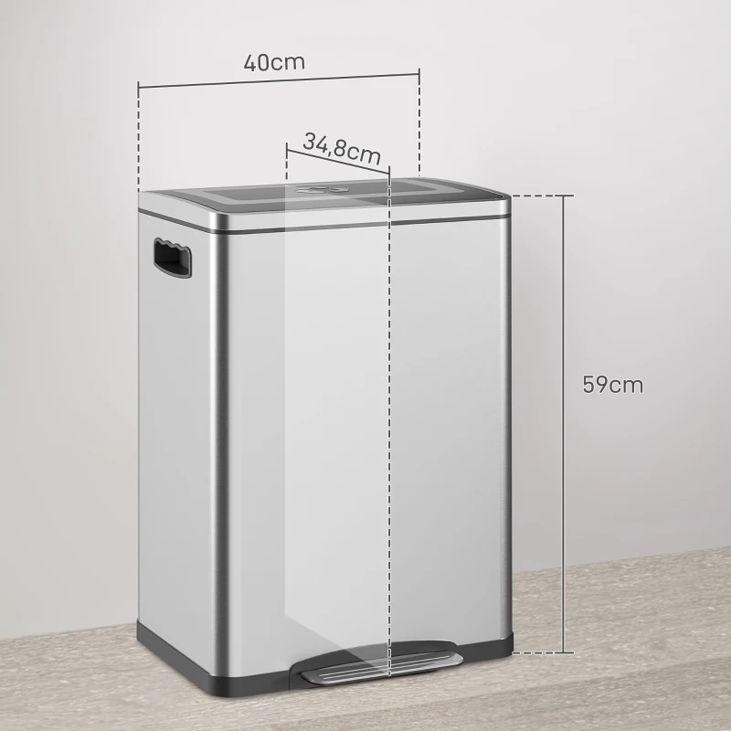 HOMCOM Prullenbak met Deksel en Voetpedaal, Roestvrij Staal, 2x 20 Liter Compartimenten, Zilver(m-3)