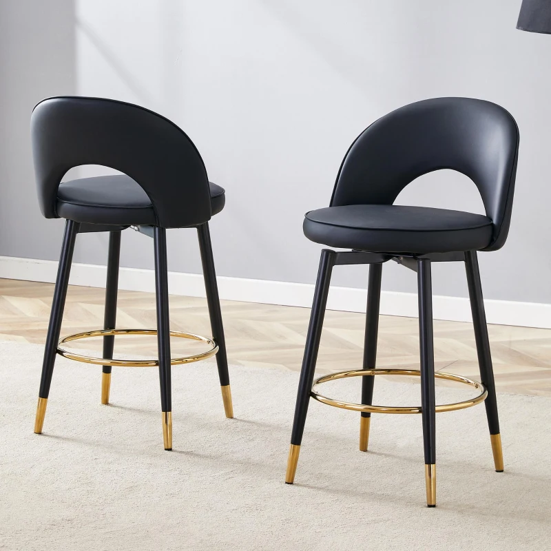 Tabouret de bar pivotant 360°, dossier ajouré design, lot de 2, 44x44x91.5 cm, Noir