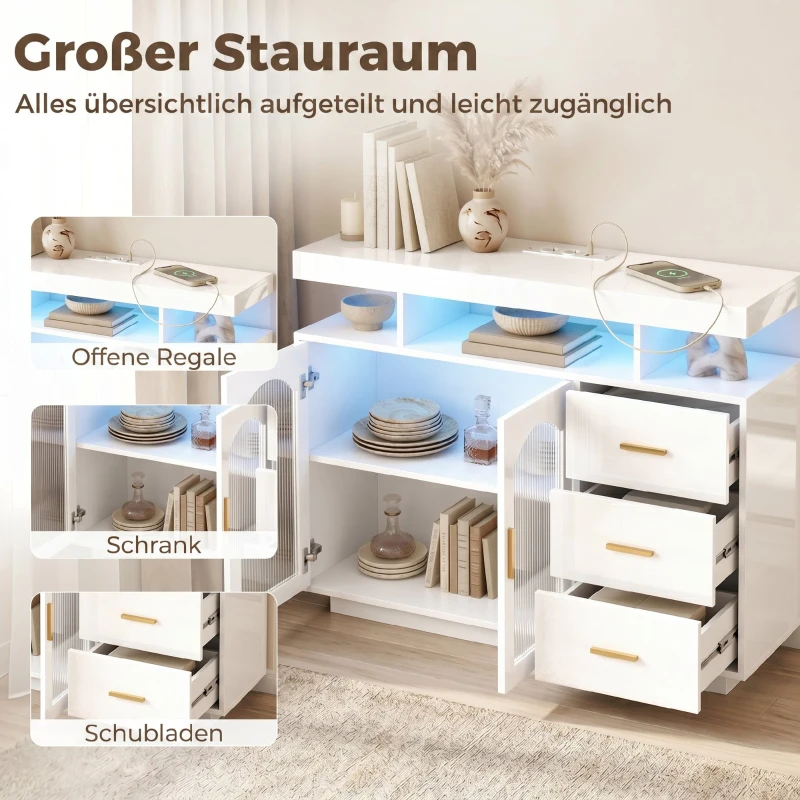 HOMCOM Dressoir met ledverlichting, ingebouwde stopcontacten, 3 lades, planken en 2 acryldeuren, hoogglans wit