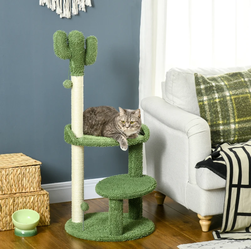 PawHut Albero per Gatti a forma di Cactus con Tiragraffi e 2 Palline da Gioco, 35x31x55.5 cm, Verde e Bianco