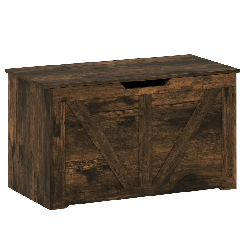 HOMCOM 100L Home Storage Box, with Safety Hinge - Rustic Brown Wood-Effect
