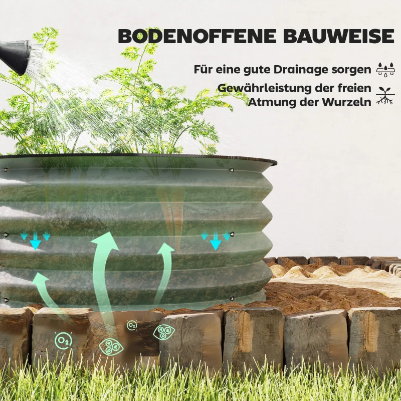 Outsunny 2-delige Set Verzinkte Plantenbakken, Ø60 x 30H cm Bloempotten met Open Bodem voor Verschillende Planten, Groen