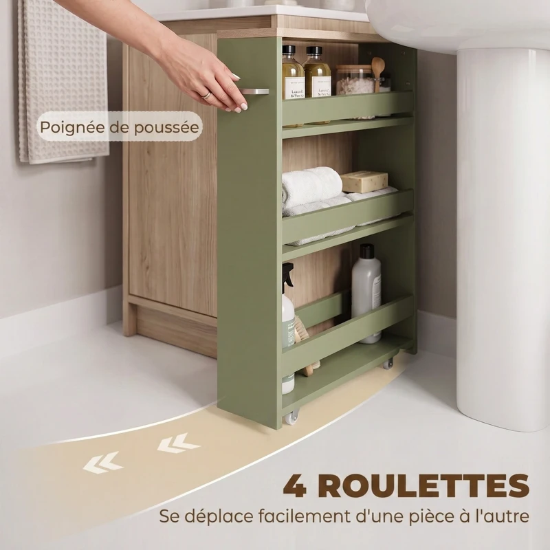 kleankin Chariot de rangement à 3 niveaux chariot de stockage étagère sur roulettes avec poignée - 48 x 15 x 80 cm vert