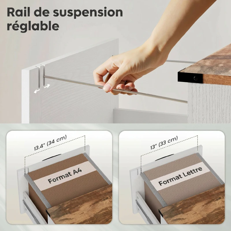 HOMCOM Caisson de Bureau avec 3 Tiroirs, Dossiers Suspendus pour Formats Lettre/A4, Style Rustique, 40x40x101cm, Blanc