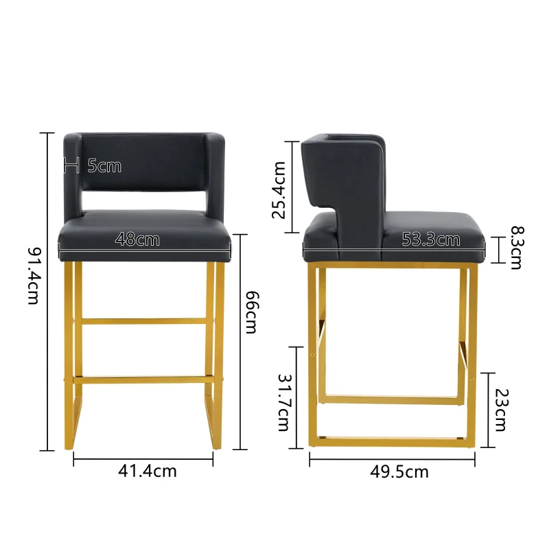Lot de 2 tabourets de bar nordiques, design carré moderne, imperméable et facile à nettoyer, 48x53.3x91.4 cm, Noir+Doré