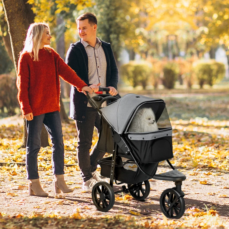 PawHut 2 in 1 Passeggino per Cani Pieghevole a 3 Ruote con Freno, Cestino Portaoggetti e Porta Bottiglia, in Acciaio e Oxford, Grigio e Nero, 109.5x57.5x106.5cm