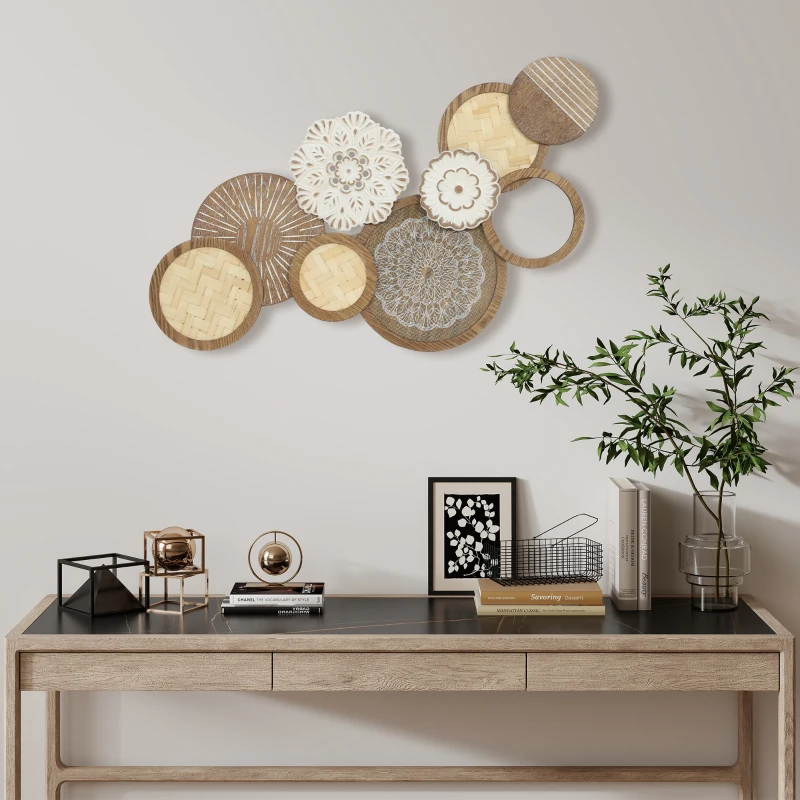 HOMCOM Décoration murale en bois, sculpture murale en bois, design unique à plusieurs disques, 83,8 x 44,5 cm, bois naturel