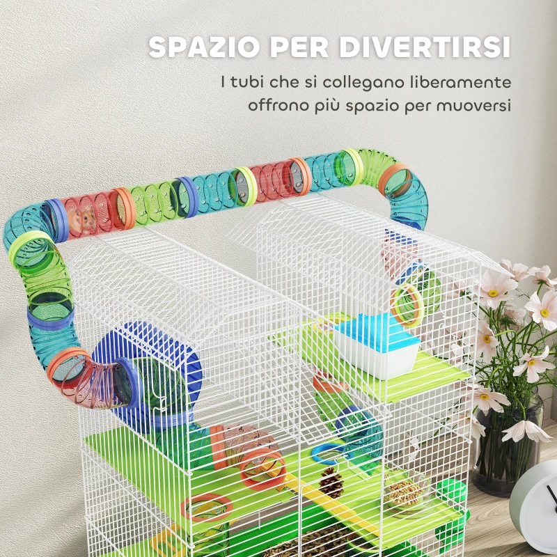 PawHut Gabbia per Criceti a 5 Piani con Tubi Colorati, Ruota, Casetta e Accessori, 47x30x59 cm, Verde