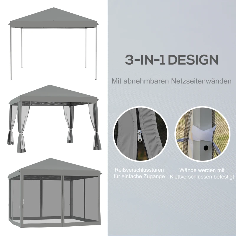 Outsunny vouwtent, 4 afneembare horren, waterafstotend dak, stalen frame, lichtgrijs, 3 x 3 m