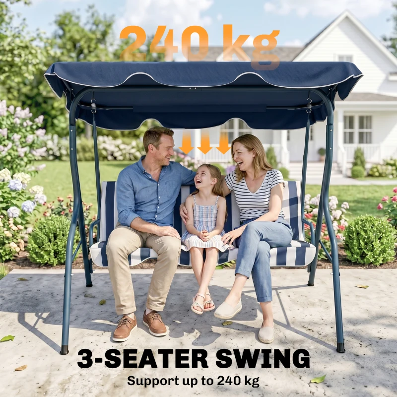 Outsunny 3 Seater Garden Swing Seat Chair Outdoor Bench with Adjustable Canopy and Metal Frame, Blue Stripes