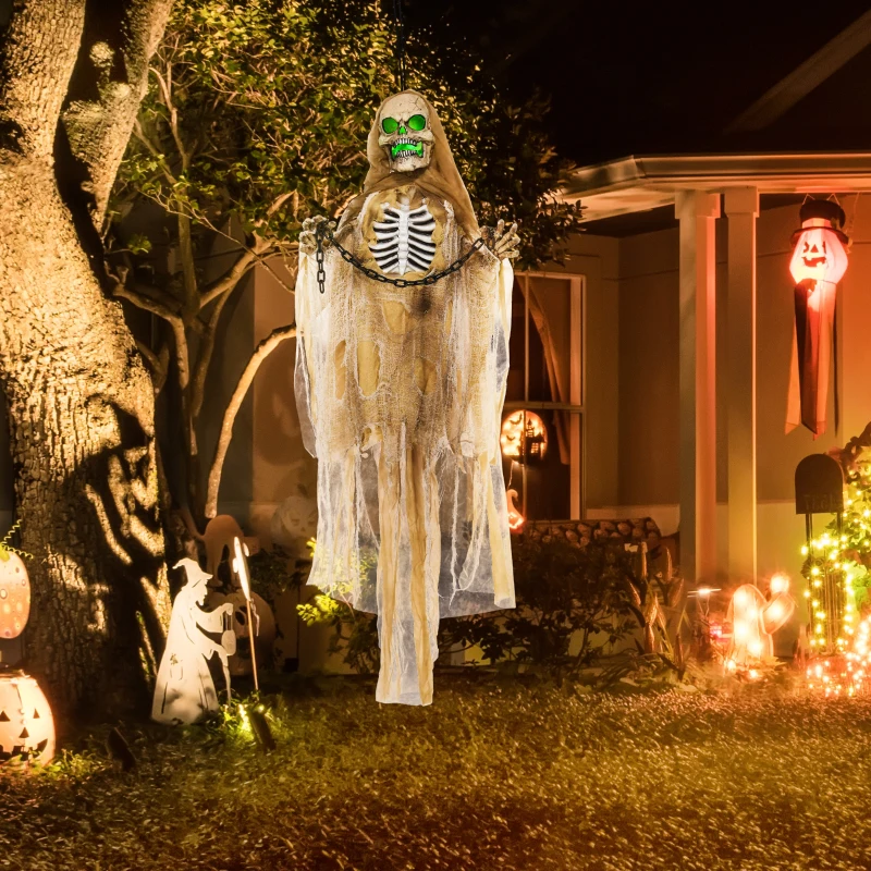 HOMCOM Halloween Decoratie, Hangend Skelet, Lichtgevende Kop, Griezelig Huilen, Buigzame Armen, Kaki(m-2)