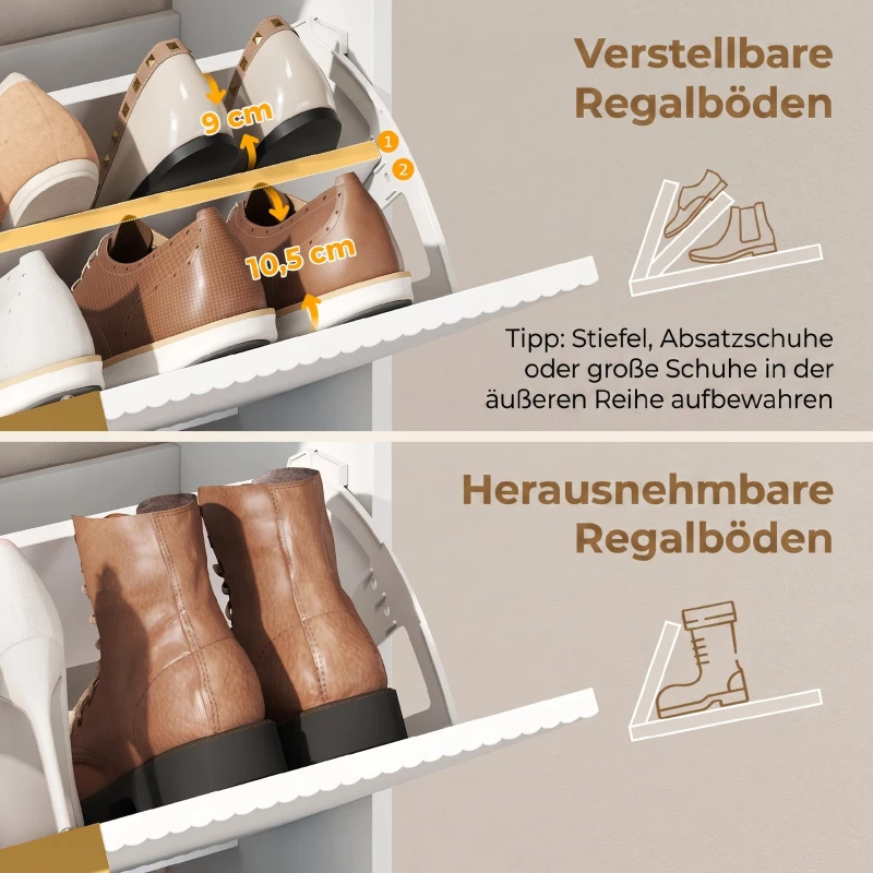 HOMCOM Smalle schoenenkast met 2 kleppen en bovenblad voor hal en gang, wit
