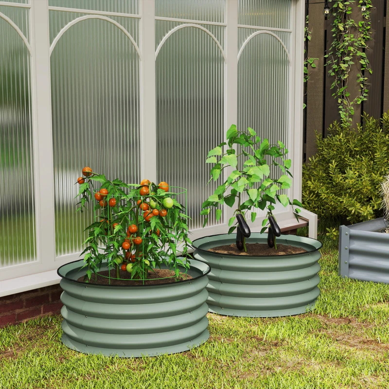 Outsunny 2-delige Set Verzinkte Plantenbakken, Ø60 x 30H cm Bloempotten met Open Bodem voor Verschillende Planten, Groen